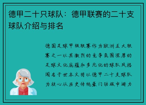 德甲二十只球队：德甲联赛的二十支球队介绍与排名